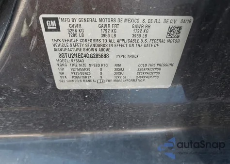 2016 GMC Sierra 1500 Slt from USA, damaged, VIN 3GTU2NEC4GG285688